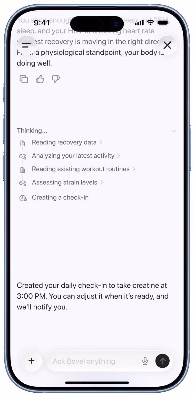 Smartphone screen showing a health app analyzing recovery data, latest activity, workout routines, strain levels, and creating a check-in for taking creatine at 3:00 PM with notification options.