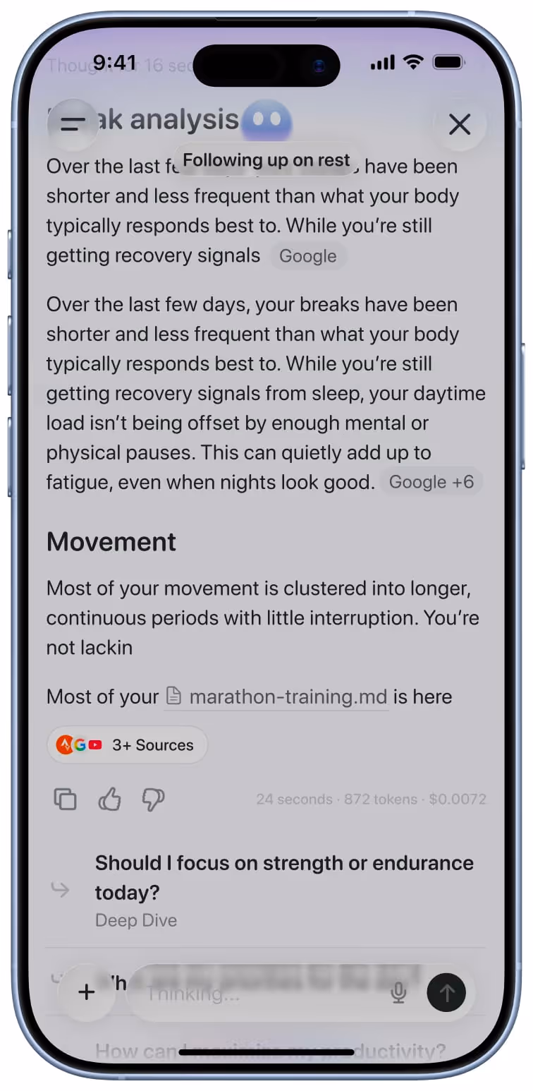 Smartphone screen showing a text analysis app with insights on rest and movement, including advice on breaks, recovery signals, and clustering of movement.