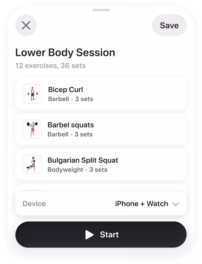 Mobile app screen showing lower body workout session with exercises like bicep curls and barbell squats, device set to iPhone + Watch, and a start button.