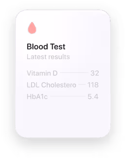 Blood test results card showing Vitamin D 32, LDL Cholesterol 118, and HbA1c 5.4.